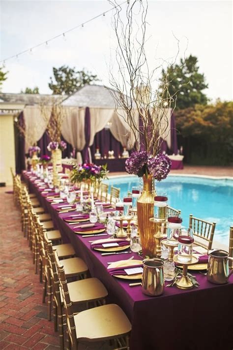 For a wedding that's glimmering and gleaming, dress your venue in colors of green, white, and gold. Purple And Gold Wedding Decor
