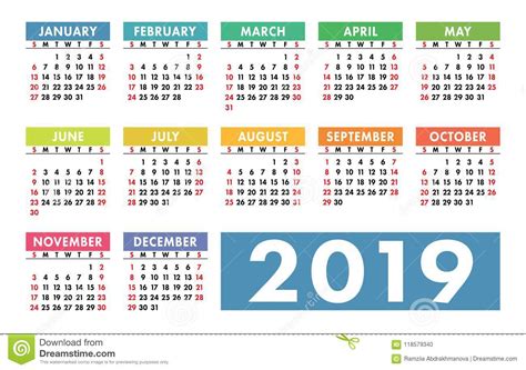 Calendar 2019 Vector Template English Calender Colorful Set Stock