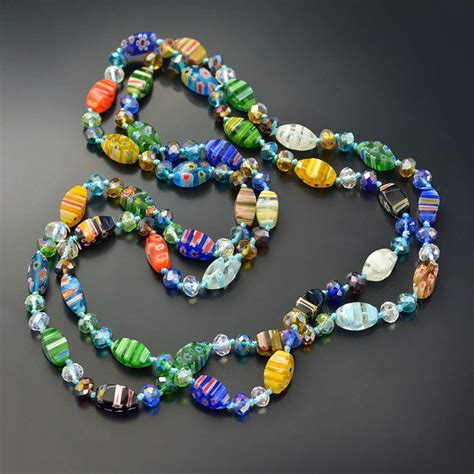 Long Millefiori Glass Necklace Knotted Beads Necklace