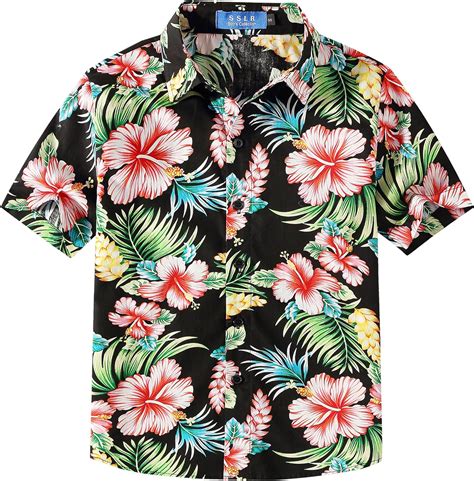 SSLR Jungen Hawaii Hemd Kurzarm Baumwolle D Gedruckt Hibiskus Button