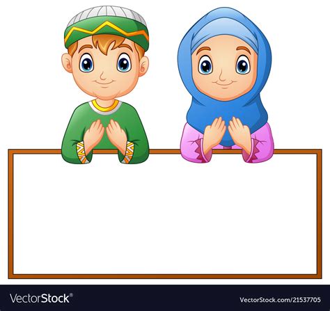 Muslim Couple Kid Praying With Blank Sign Vector Image
