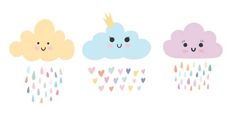 Set Of Three Cute Baby Cloud With Rainbow Rain Drops And Hearts 3059828