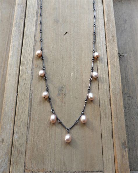 Blush Pink Freshwater Pearl Oxidised Sterling Wire Wrapped