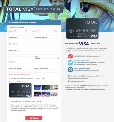 Overall, the total visa® unsecured credit card could be an option if you have suffered financial difficulties in the past and want to build your credit without making a secured deposit. www.totalcardvisa.com - Apply for Total Visa Credit Card - Credit Cards Login