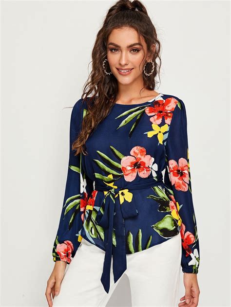 Self Belted Floral Print Top Tops Print Tops Clothes For Women