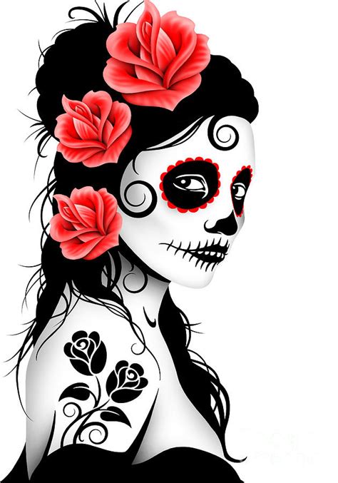 Tattooed Day Of The Dead Sugar Skull Girl White Digital Art By Jeff Bartels Pixels
