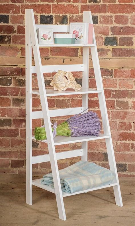White Ladder Shelf With Four Tiers Free Standing Shelves White
