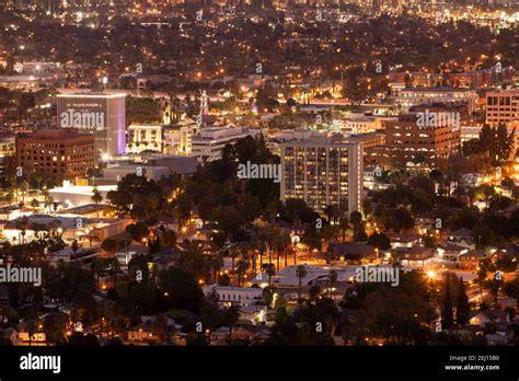 Aerial Nighttime Skyline View Of Downtown Riverside California Usa