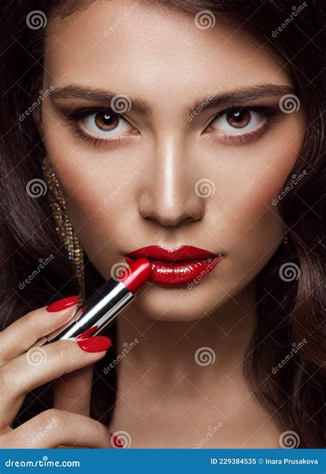 Woman Beauty Portrait With Red Lips Make Up Glamour Model Applying