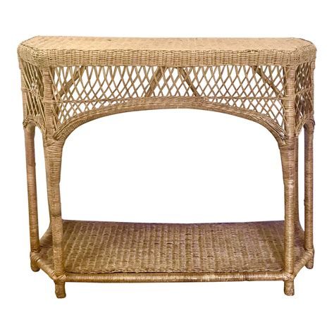 A rare and chic 3 piece rattan and bamboo set including two tier oblong console table and matching. Vintage Wicker Rattan Console Table | Chairish