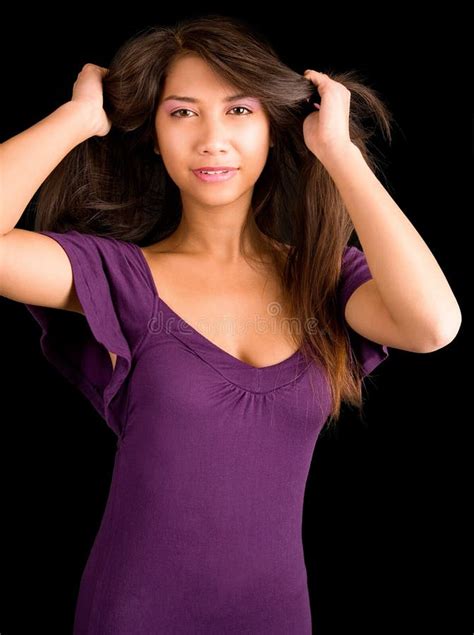 beautiful brunette lady posing in a purple dress stock image image of cleavage dancing 7360573