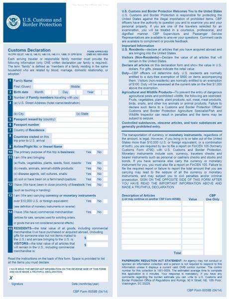 Cbp Form 6059b Customs Declaration English Fillable Fillable Form