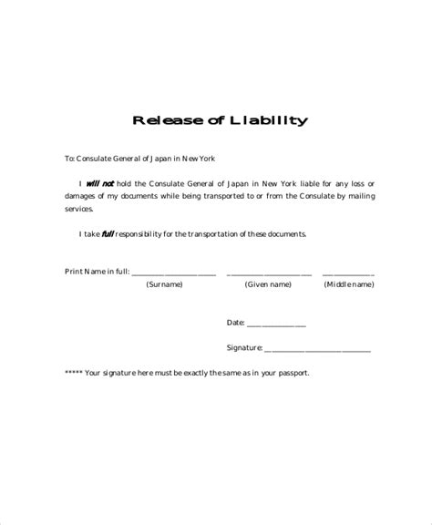 Free Printable Release Of Liability Form