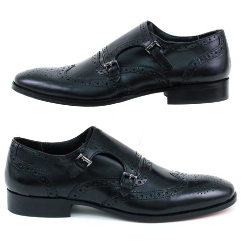 Mens Leather Dress Shoes Double Buckle Monk Strap Slip On Loafer