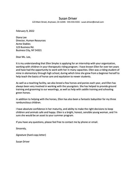 Recommendation Letter Examples For An Internship