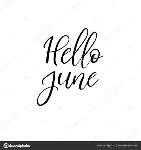 Hello June Hand Lettering Inscription Summer Greeting Card Brush