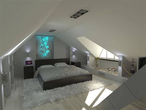 An Attic Bedroom With White Carpet And Lights On The Ceiling Along