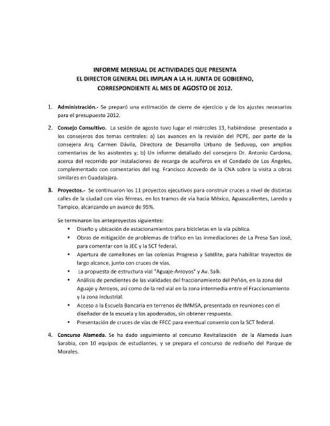 Informe Mensual De Actividades Que Presenta El Director General Del