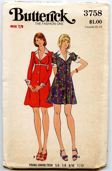 1970s Vintage Sewing Pattern Butterick 3758 Misses Empire Waist Princess Seam Flared Mini Dress