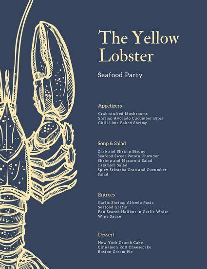 Mussels, clams, oysters, lobster, and shrimp grill up beautifully and retain a wonderful smokey it's a real shame that so many bbq parties completely ignore all the great summer vegetables that are if you are feeling a bit overwhelmed by all of the barbecue choices, picking a themed menu can do the. Blue and Yellow Lobster Seafood Food and Drink Menu | Lobster menu, Seafood menu, Seafood