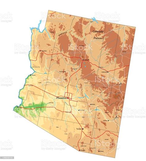 High Detailed Arizona Physical Map With Labeling Stock Illustration