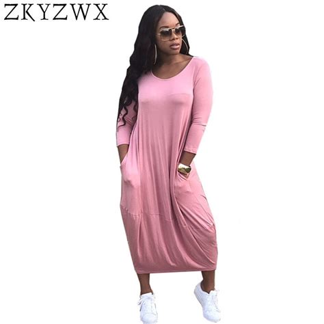 Zkyzwx Casual Loose Solid Midi Dress Summer Long Sleeve Dress High Quality Women Fashion 2018 O
