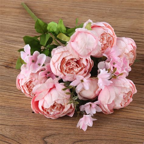 artificial vivid silk peony flowers with fake leaf bouquet for home accent wanahavit
