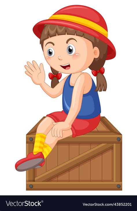 Cute Girl Sitting On Wooden Box Royalty Free Vector Image