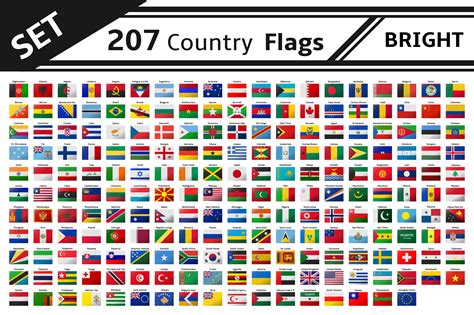 Set 207 Country Flags Glitter Effect World Map Silhouette Country