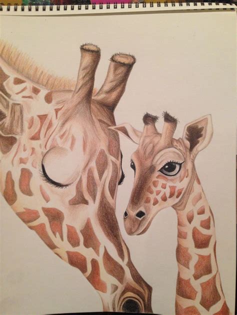 Mother And Baby Giraffes In Colored Pencil Prints Available For
