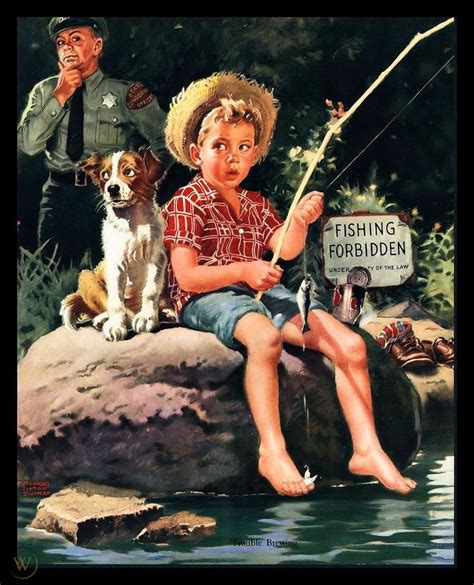 Vintage 1950s Trouble Brewing Boy Fishing Art Print By Frances
