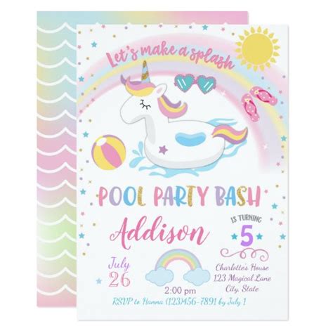 Unicorn Pool Party Birthday Invitation