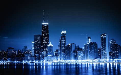 Blue Cityscapes Chicago Night Lights Urban Skycrapers Wallpaper