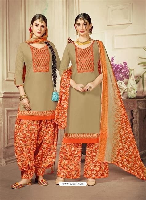 Beige Cotton Satin Embroidered Suit Salwar Suits Pakistani Bollywood Suits Patiala Suit