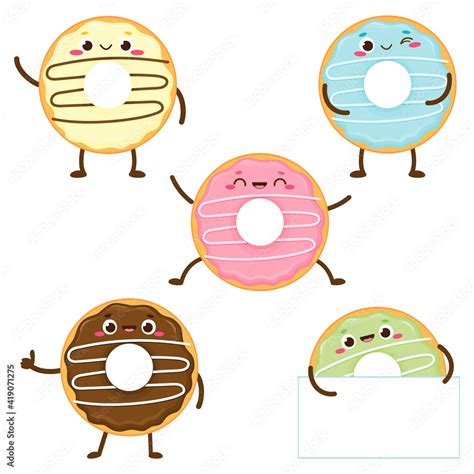 Cartoon Cute Colorful Donut Set With Happy Face Stock Vector Adobe Stock