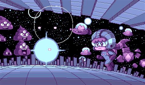 An Animated Video Game With Space And Buildings In The Background