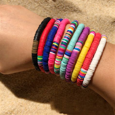 Boho Colorful Polymer Clay Beaded Elastic Bracelet Stretch Disc Beads