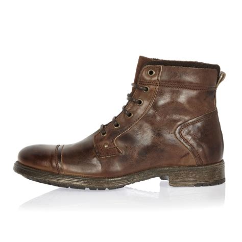 River Island Dark Brown Leather Utility Boots In Brown For Men Lyst