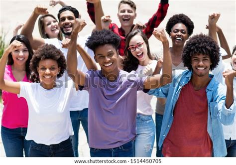 Group Successful Cheering African American Caucasian Stock Photo Edit