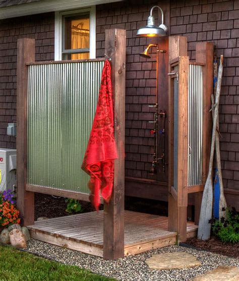 The free standing outdoor shower can withstand sunlight, rain, and frost, providing cool refreshment right in your garden, camping, or swimming. 16 DIY Outdoor Shower Ideas - A Piece of Rainbow