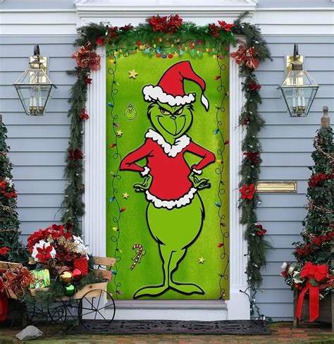 Grinch Christmas Door Cover Decorations Grinch Green Backdrop Merry