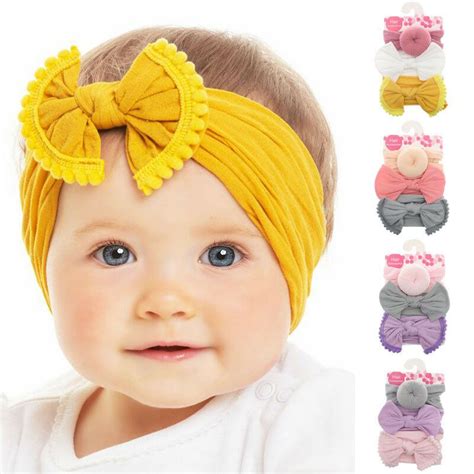 3pcs Baby Girls Bow Hairband Kids Headband Newborn Stretch Turban Girl
