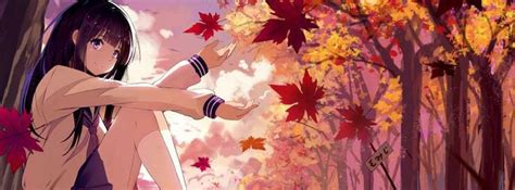 An Anime Girl Is Standing In The Woods With Her Arms Spread Out And Looking At Leaves
