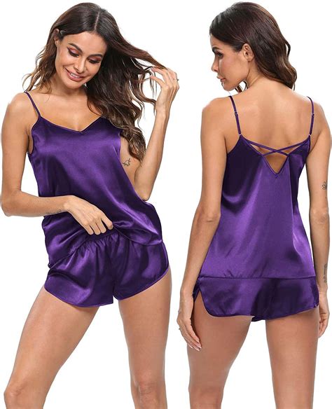 Swomog Lingerie Feminina Sexy Com Decote Em V Pijama De Cetim De Seda Conjunto De Shorts Tipo