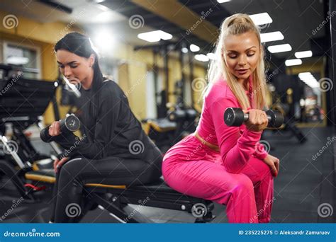 Two Sportswomen Doing Exercises For Biceps With Dumbbells While Sitting On The Bench In Gym