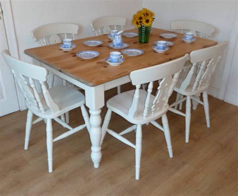 Drill 1 1/2″ pocket holes into the boards and attach them to the planks with 2 1/2″ pocket hole screws and wood glue. Shabby Chic farmhouse Painted Pine Table and 6 Chairs | eBay