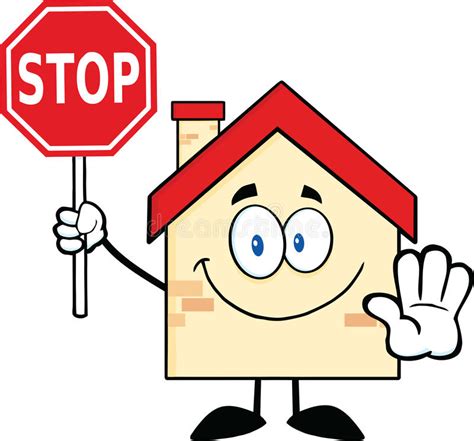 House Cartoon Character Holding A Stop Sign Stock