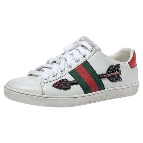 Gucci White Leather Crystal Embellished Arrow Ace Low Top Sneakers Size