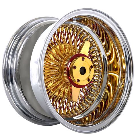 14x7 Wire Wheels Reverse 100 Spoke Straight Lace Gold And Red Spoke