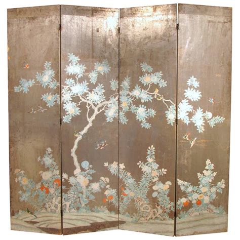 Chinoiserie Hand Painted Silver Four Panel Screen For Sale At 1stdibs